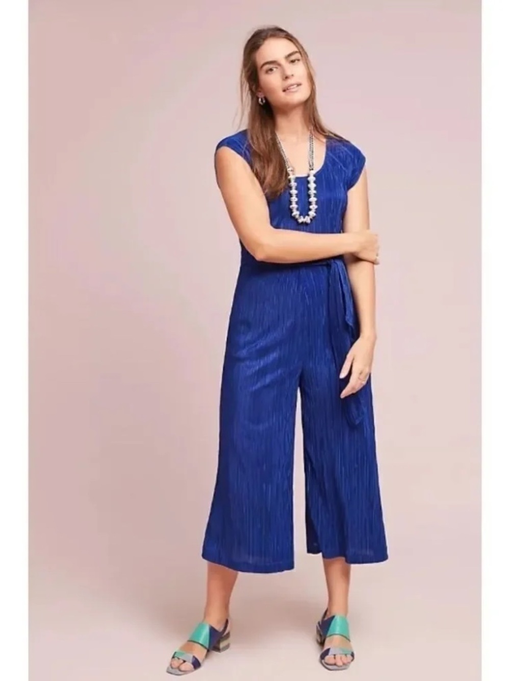 Anthropologie Maeve Sonata Jumpsuit Wide Leg Cropped Pleated Blue Size 4 NWT